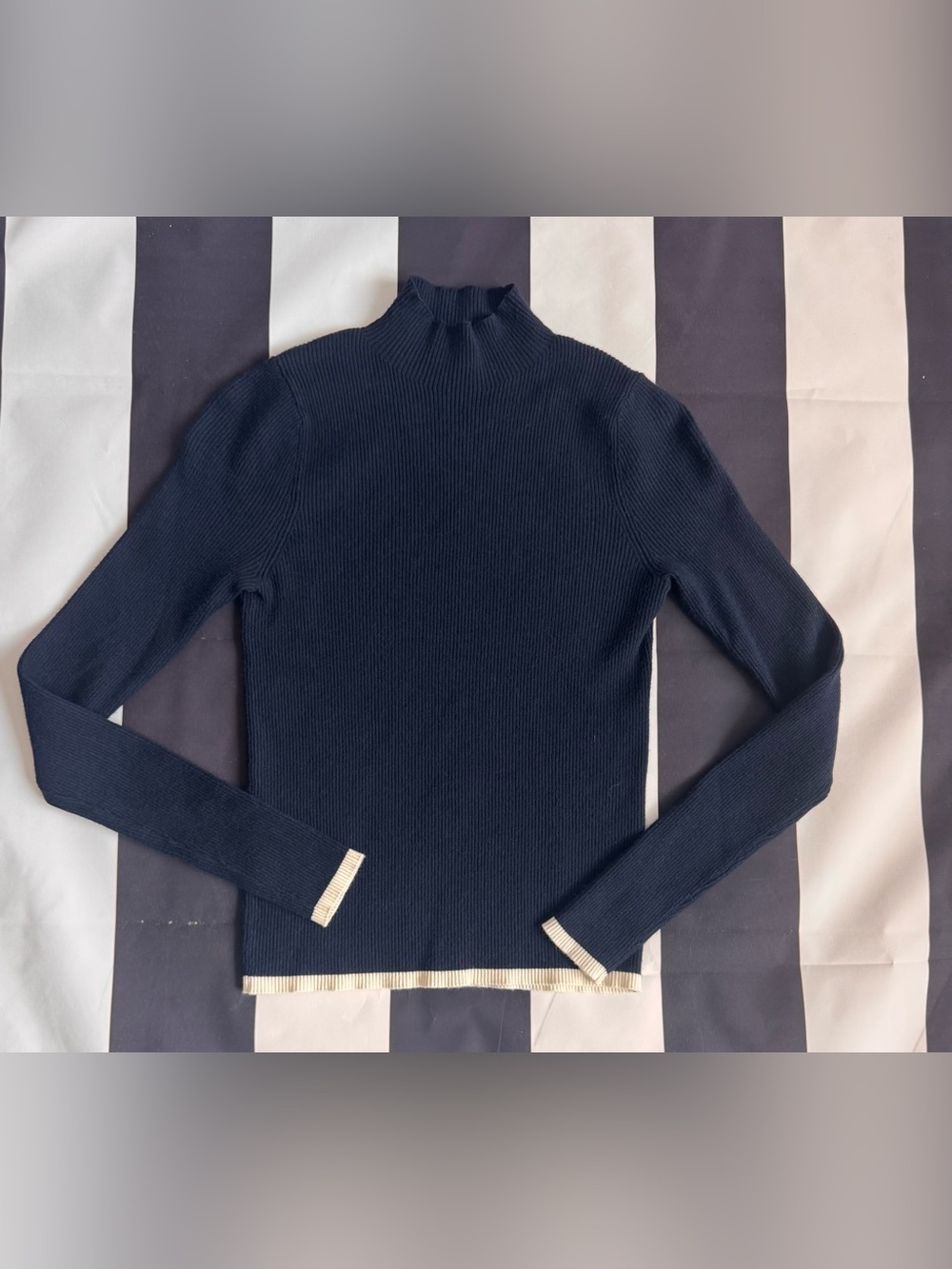 Mango Navy Ribbed Turtleneck Sweater with Ivory Accents